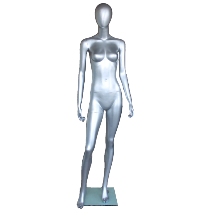 SFW46E-ST - Matte Silver Egg Head Female Mannequin Right Leg Forward