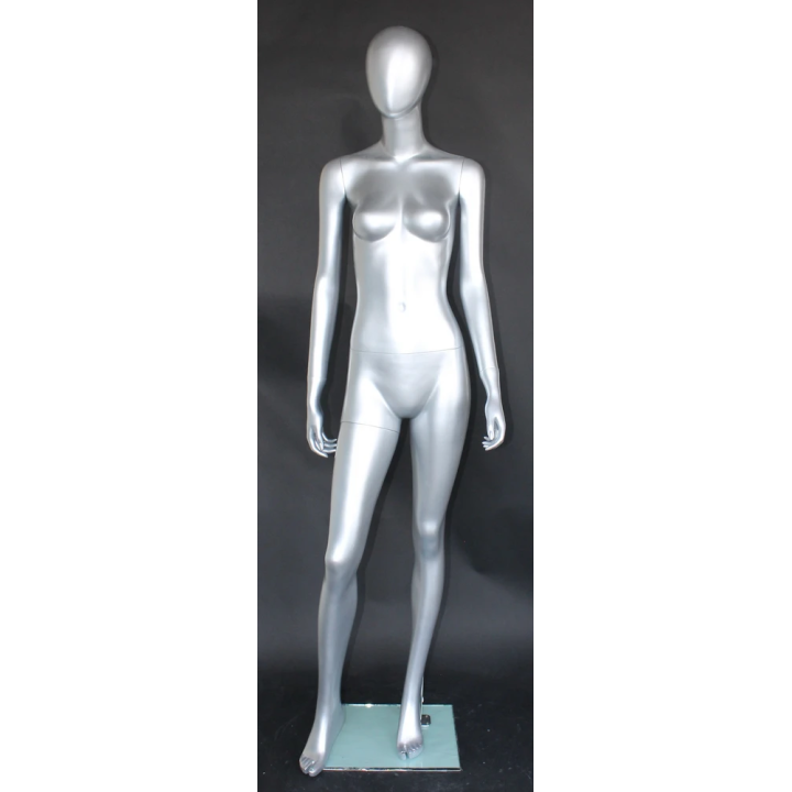 SFW46E-ST - Matte Silver Egg Head Female Mannequin Right Leg Forward