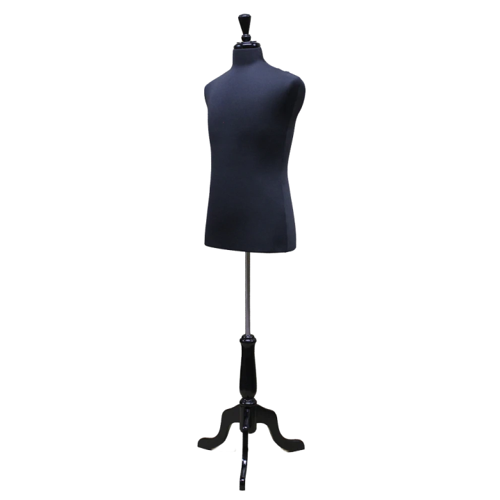 MDF61B-BK - Size M Black Male Dress form mannequin Black tripod base