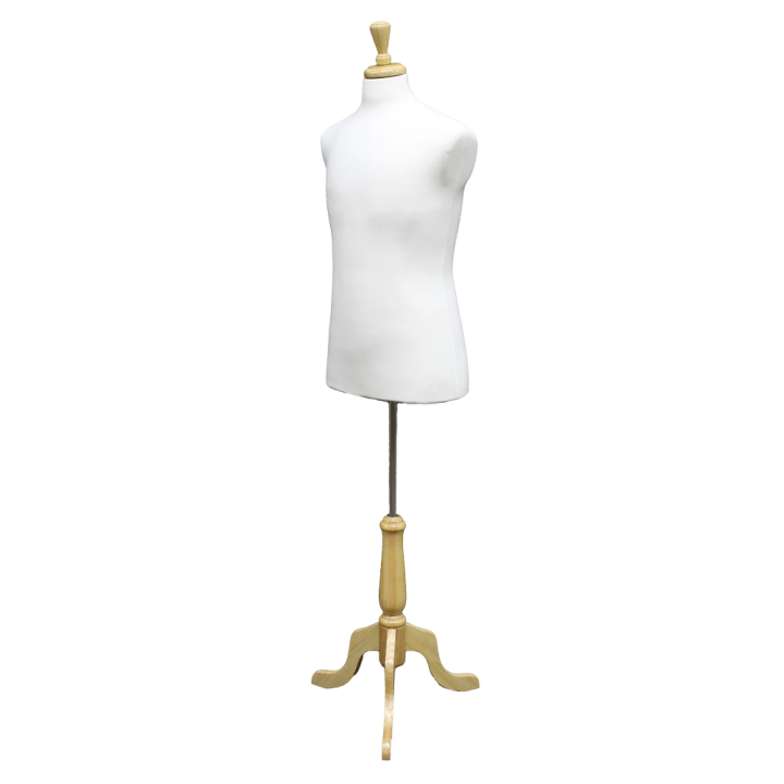 MDF61W-FR - Size M White Male Dress form mannequin wooden tripod base