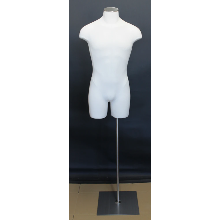 MDF4-WM - Size L White Linen 3Q Male Body form mannequin Metal Neck Base
