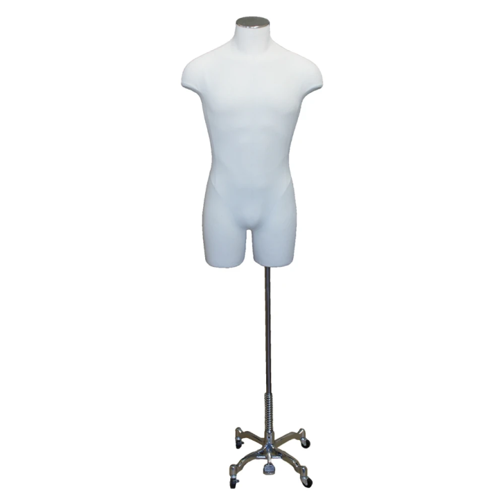 MDF4-DMB-CH - White Linen Male 3Q Body form mannequin 4 Wheel Chrome Base