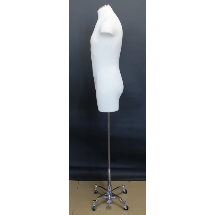 MDF4-DMB-CH - White Linen Male 3Q Body form mannequin 4 Wheel Chrome Base