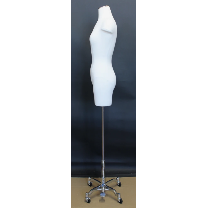 BF4-DMB-CH - White Linen Female 3Q Body form mannequin Chrome 4 Wheel Base