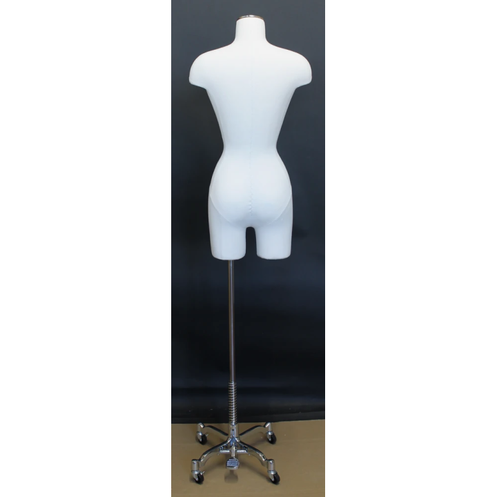 BF4-DMB-CH - White Linen Female 3Q Body form mannequin Chrome 4 Wheel Base