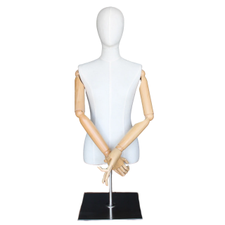 BFWH-1SM - White Linen Female Half Body mannequin with wooden Arms Metal Base