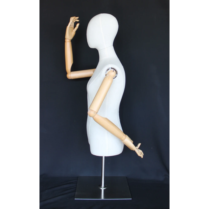 BFWH-1SM - White Linen Female Half Body mannequin with wooden Arms Metal Base