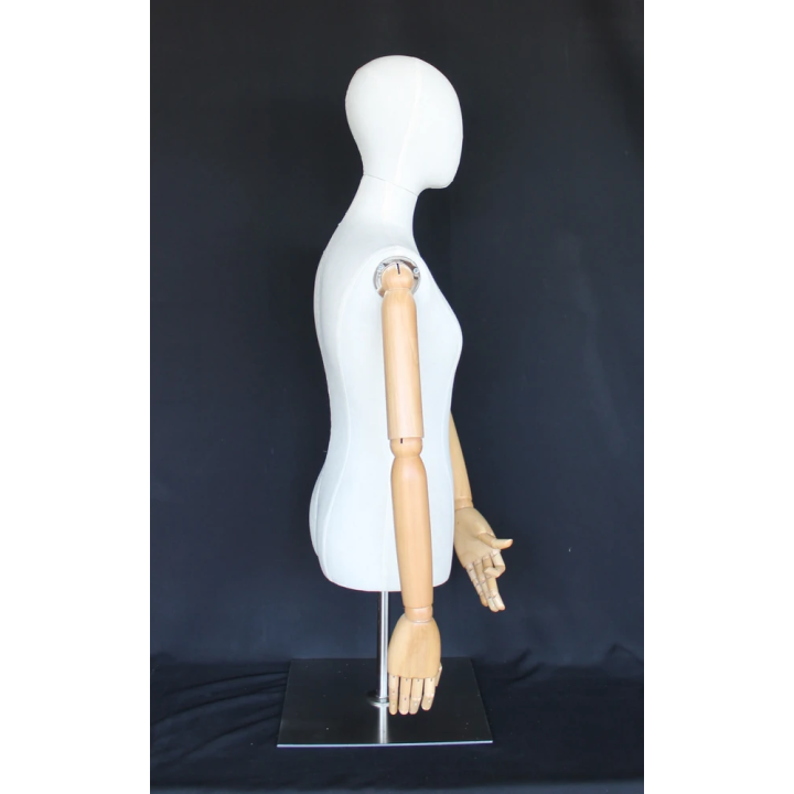 BFWH-1SM - White Linen Female Half Body mannequin with wooden Arms Metal Base