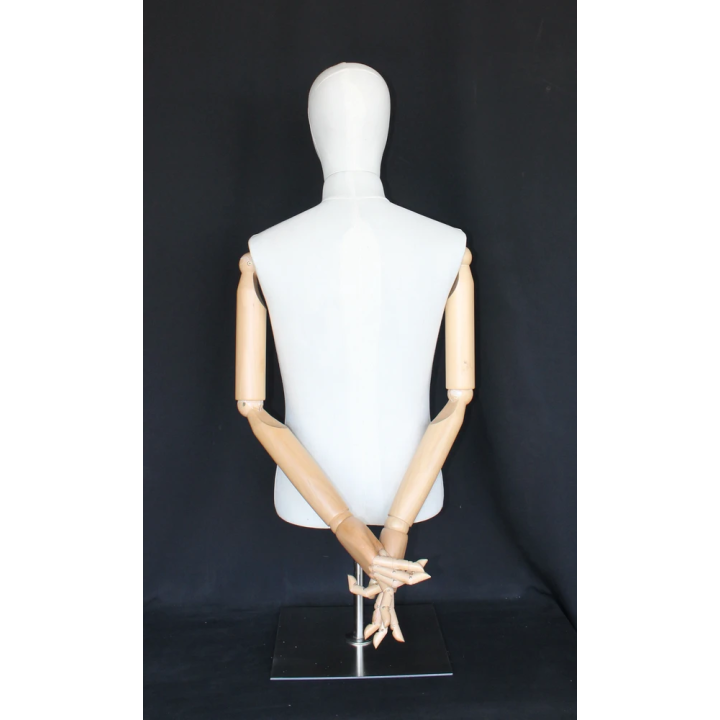 BFMH-1SM - White Linen Male Half Body mannequin with wooden Arms Metal Base
