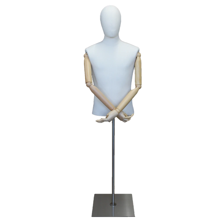 BFMH-1WM - White Linen Male Half Body mannequin with wooden Arms Floor Metal Base