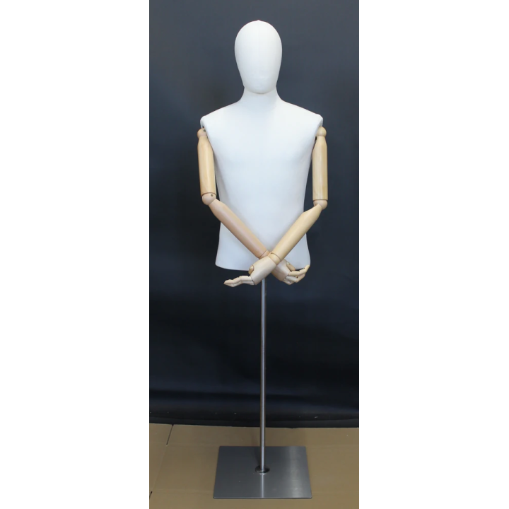 BFMH-1WM - White Linen Male Half Body mannequin with wooden Arms Floor Metal Base