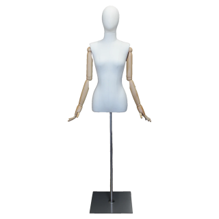 BFWH-1WM - White Linen Female Half Body mannequin wooden Arms Floor Metal Base