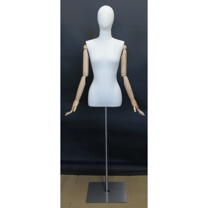 BFWH-1WM - White Linen Female Half Body mannequin wooden Arms Floor Metal Base