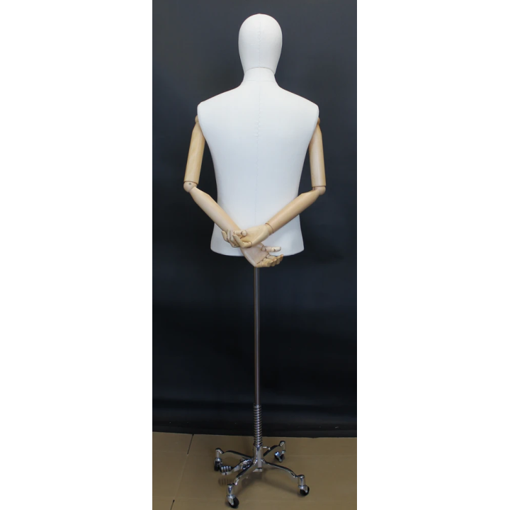 BFMH-1-DMB-CH - Linen Covered Male Half Body mannequin Wooden Arms 4 Wheel Chrome Base