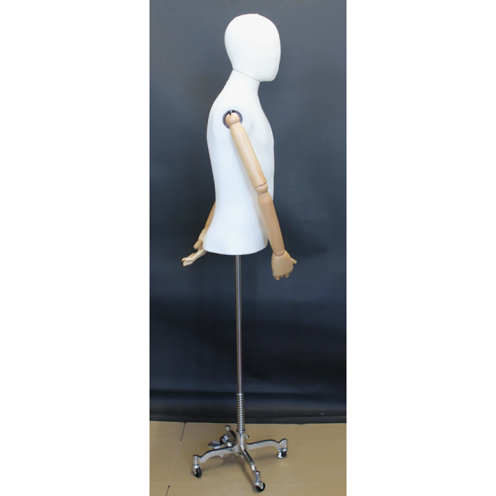 BFMH-1-DMB-CH - Linen Covered Male Half Body mannequin Wooden Arms 4 Wheel Chrome Base