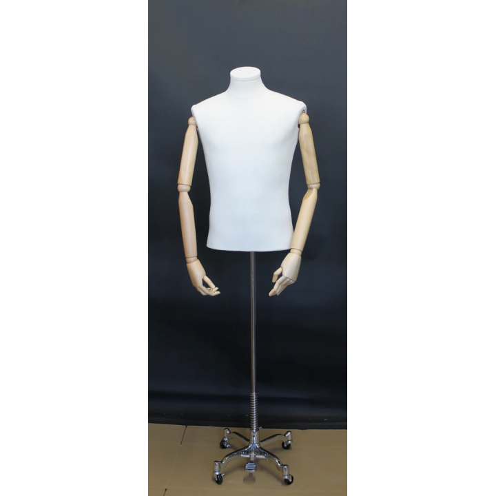 BFMH-1-DMB-CH - Linen Covered Male Half Body mannequin Wooden Arms 4 Wheel Chrome Base