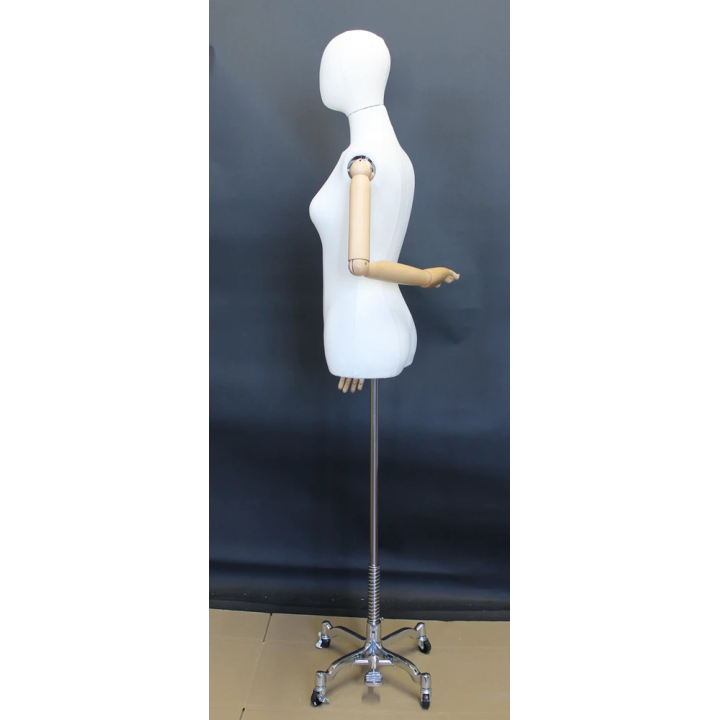 BFWH-1-DMB-CH - White Female Half Body mannequin Wooden Arms 4 Wheel Chrome Base