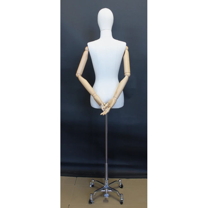 BFWH-1-DMB-CH - White Female Half Body mannequin Wooden Arms 4 Wheel Chrome Base