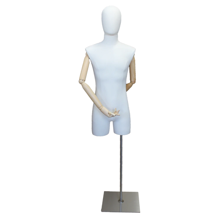 BFMH-2WM - White Linen Male 3Q Body Form mannequin with Head Wooden Arms Floor Metal Base
