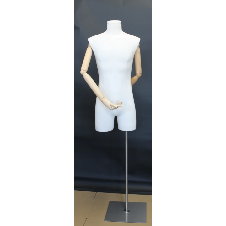 BFMH-2WM - White Linen Male 3Q Body Form mannequin with Head Wooden Arms Floor Metal Base