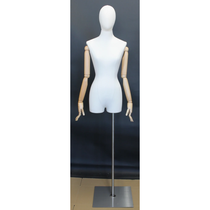 BFWH-2WM - White Linen Female 3Q Body mannequin Egg Head Wooden Arms Floor Metal Base