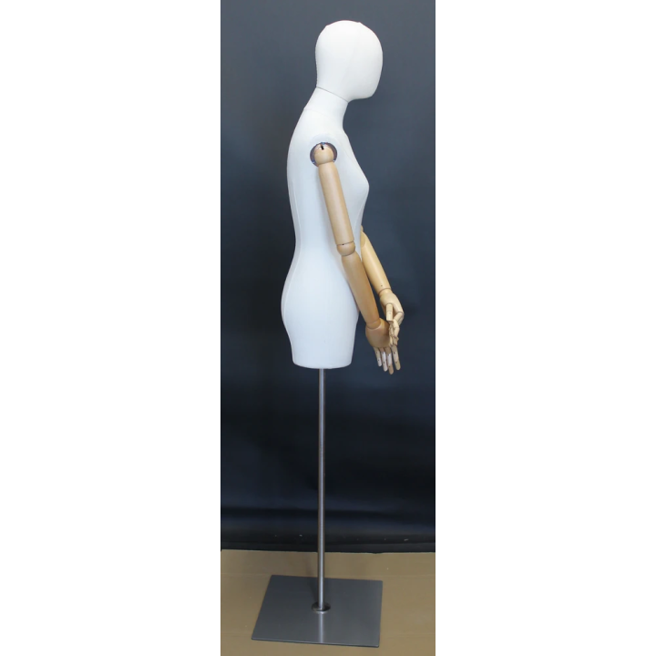 BFWH-2WM - White Linen Female 3Q Body mannequin Egg Head Wooden Arms Floor Metal Base