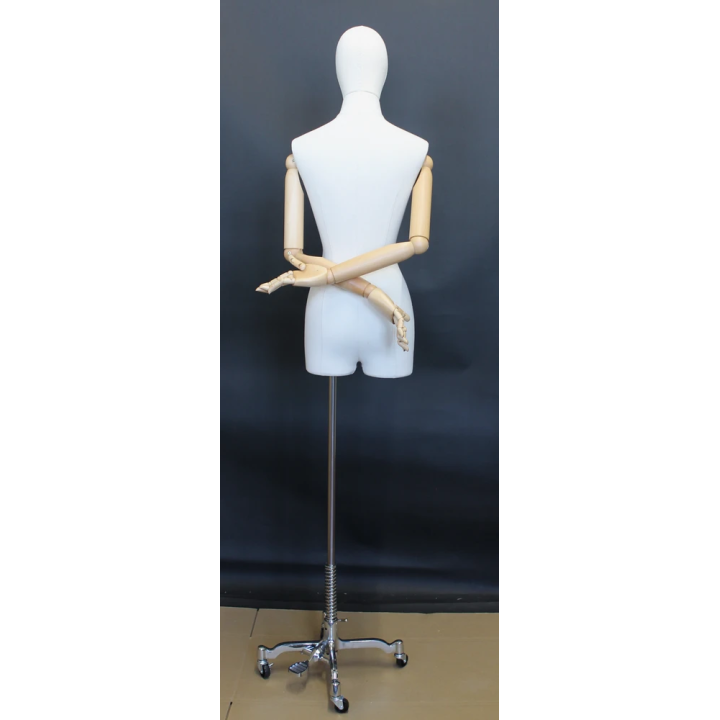 BFWH-2WM - White Linen Female 3Q Body mannequin wooden Arms 4 wheel Chrome base