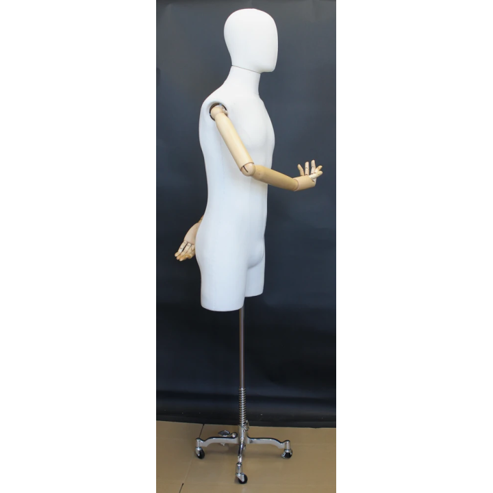 BFMH-2-DMB-CH - White Linen Male 3Q Body Form mannequin with Head Wooden Arms Chrome 4 Wheel Base