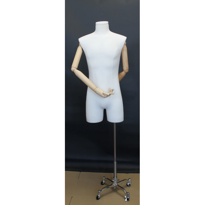 BFMH-2-DMB-CH - White Linen Male 3Q Body Form mannequin with Head Wooden Arms Chrome 4 Wheel Base