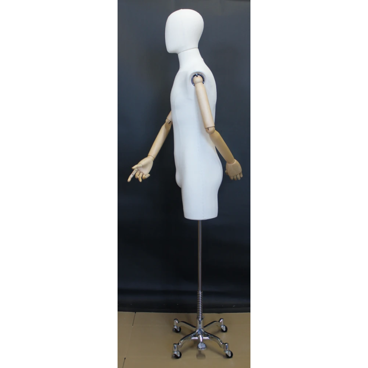 BFMH-2-DMB-CH - White Linen Male 3Q Body Form mannequin with Head Wooden Arms Chrome 4 Wheel Base