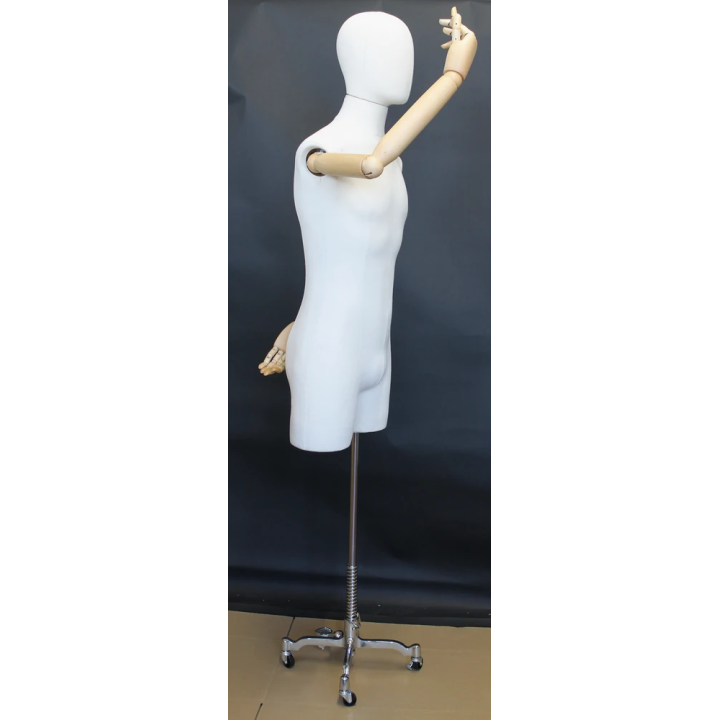 BFMH-2-DMB-CH - White Linen Male 3Q Body Form mannequin with Head Wooden Arms Chrome 4 Wheel Base
