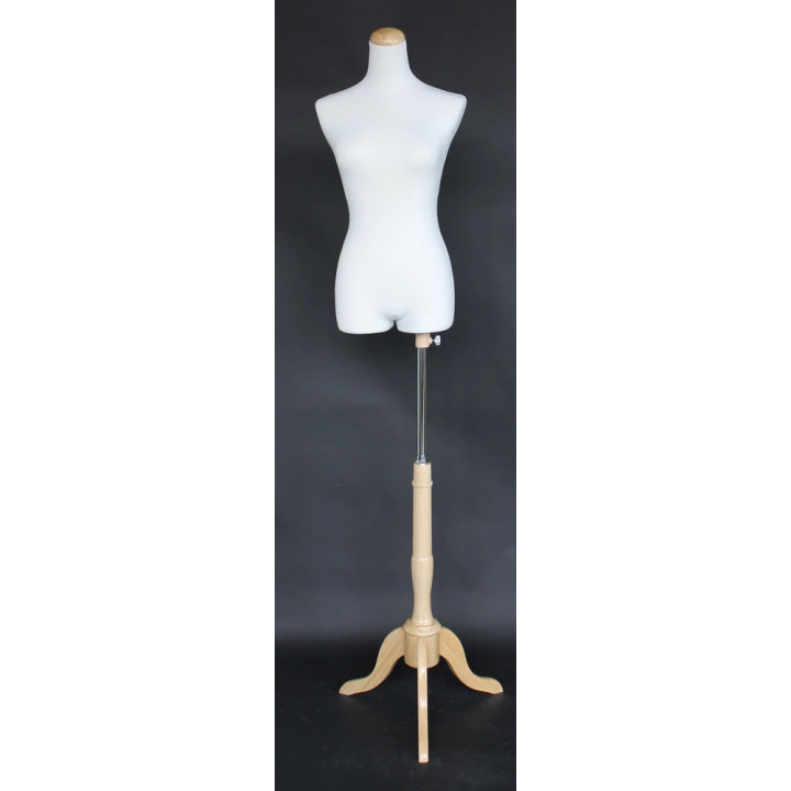 B5W-NF - Size 2/4 Female 3Q body form mannequin with wooden tripod base